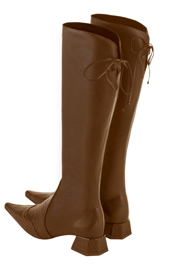 Caramel brown women's knee-high boots, with laces at the back. Pointed toe. Low flare heels. Made to measure. Rear view - Florence KOOIJMAN